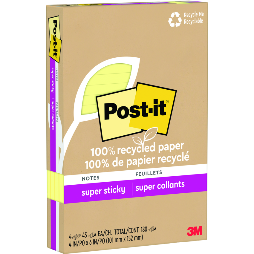 Post-it® 100% Recycled Super Sticky Notes Lined 4" x 6" 45 sheets per pad Canary Yellow™ 4 pads/pkg