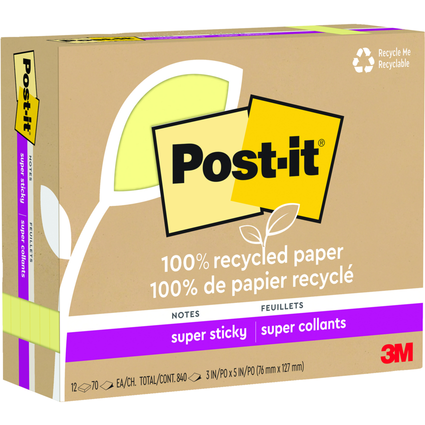 Post-it® 100% Recycled Super Sticky Notes 3" x 5" 70 sheets per pad Canary Yellow™ 12 pads/pkg