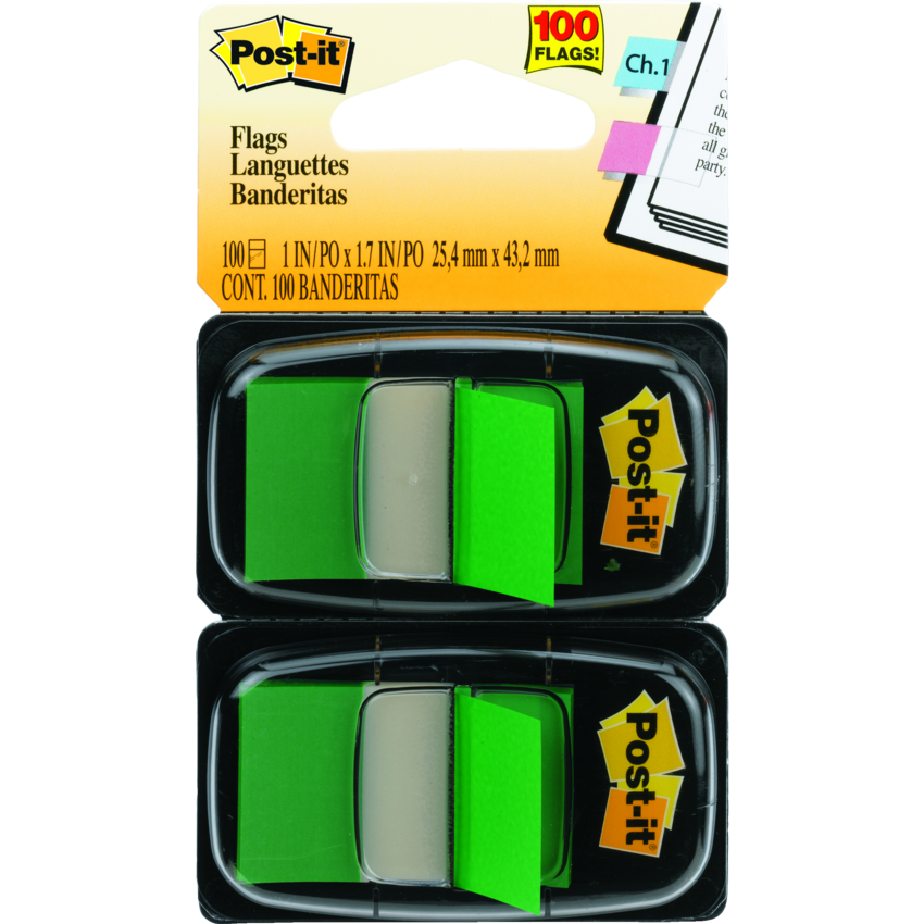 Post-it® Flags 1” x 1-11/16” 50 Flags per Dispenser Green 2 dispensers/pkg