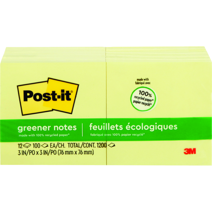 Post-it® Notes 3" x 3" Recycled 100 sheets per pad Canary Yellow™ 12/pkg