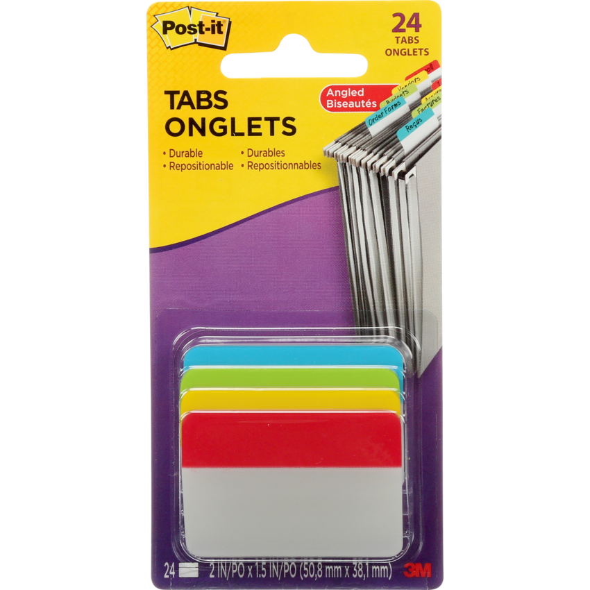Post-it® Filing Tabs Angled 2" x 1-1/2" Primary Colours 6 tabs per pad 4 pads/pkg