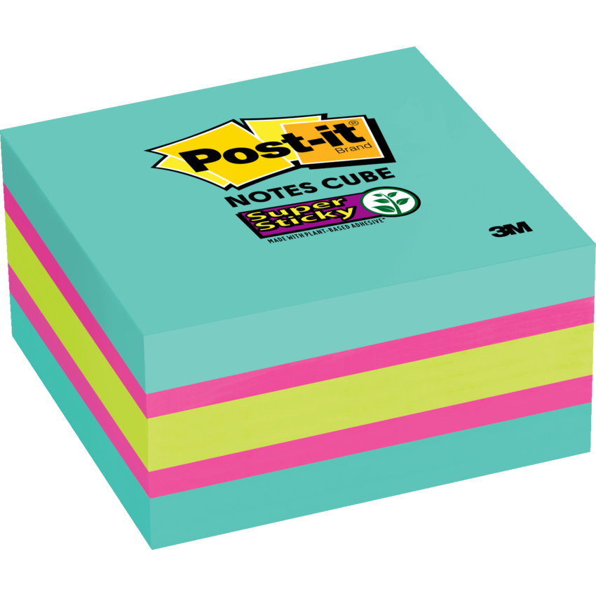 Post-it® Super Sticky Notes Cube 3" x 3" 360 Sheets per Pad Assorted Aqua, Fuchsia and Green Colours