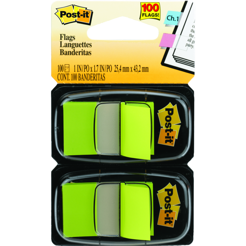 Post-it® Flags 1” x 1-11/16” 50 Flags per Dispenser Bright Green 2 dispensers/pkg