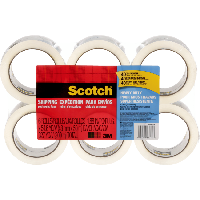 Scotch® Heavy Duty Shipping Packaging Tape 48 mm x 50 m Clear 6/pkg