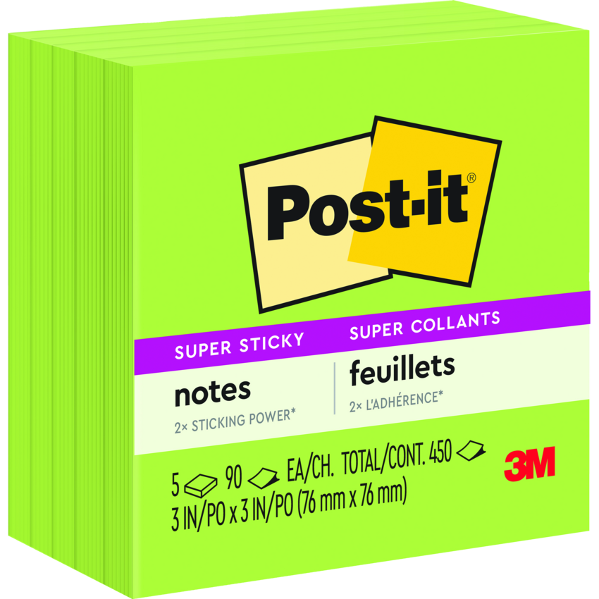 Post-it® Super Sticky Notes Cubes 3" x 3" 90 Sheets Limeade 5 pads/pkg