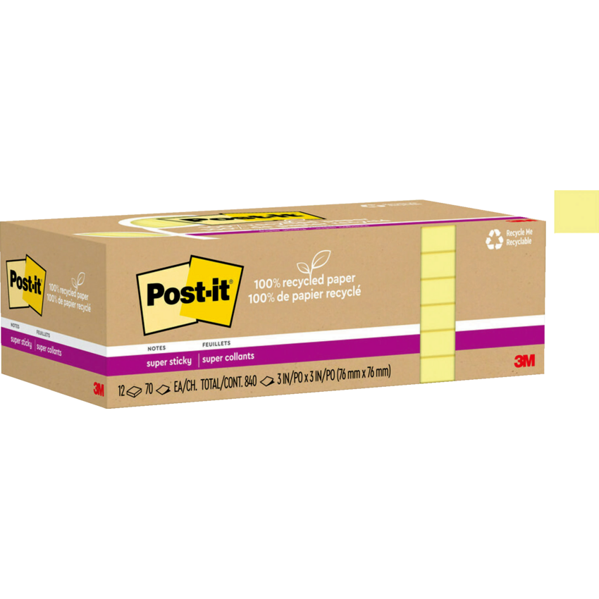 Post-it® 100% Recycled Super Sticky Notes 3" x 3" 70 sheets per pad Canary Yellow™ 12 pads/pkg