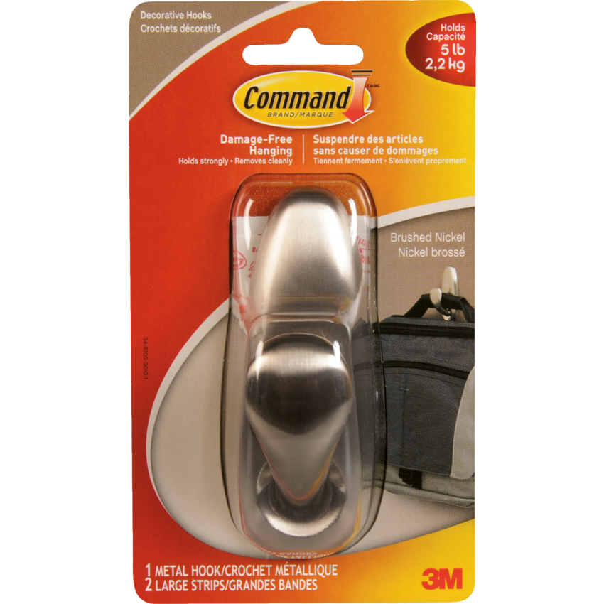 Command™ Forever Classic Adhesive Metal Large Hook with Brushed Nickel Finish