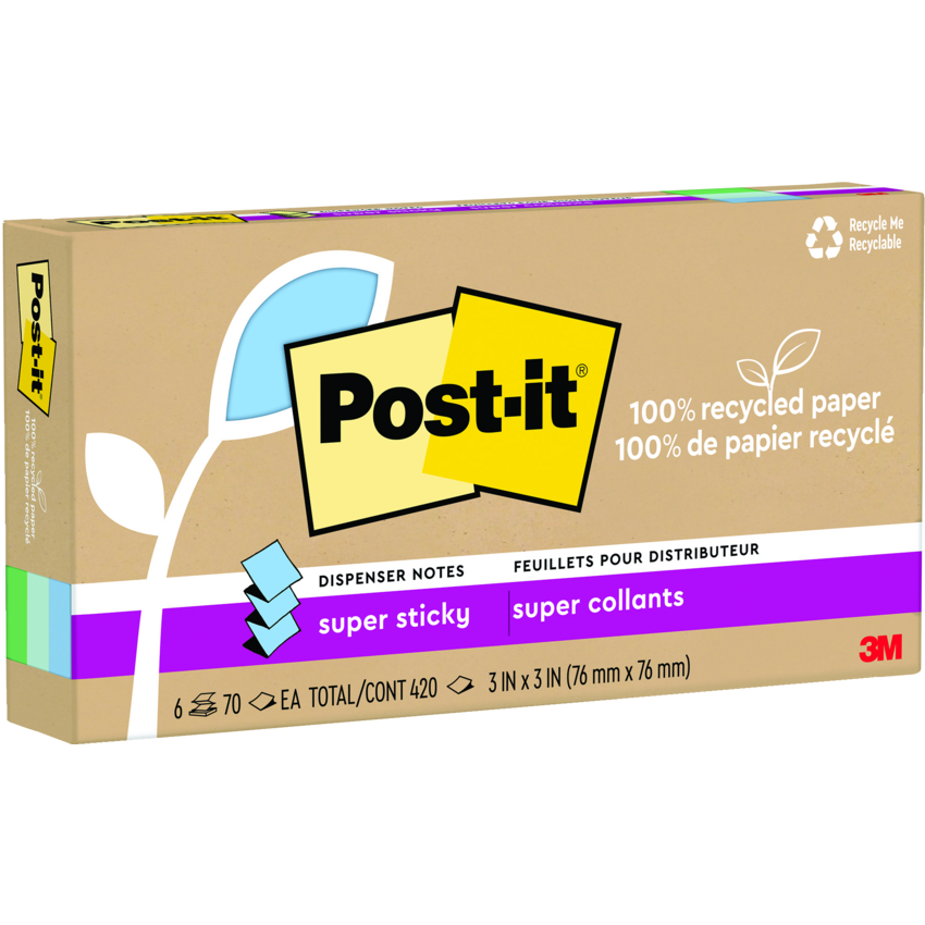 Post-it® 100% Recycled Paper Super Sticky Dispenser Notes 3" x 3" 70 sheets per pad Assorted Oasis Colours 6 pads/pkg
