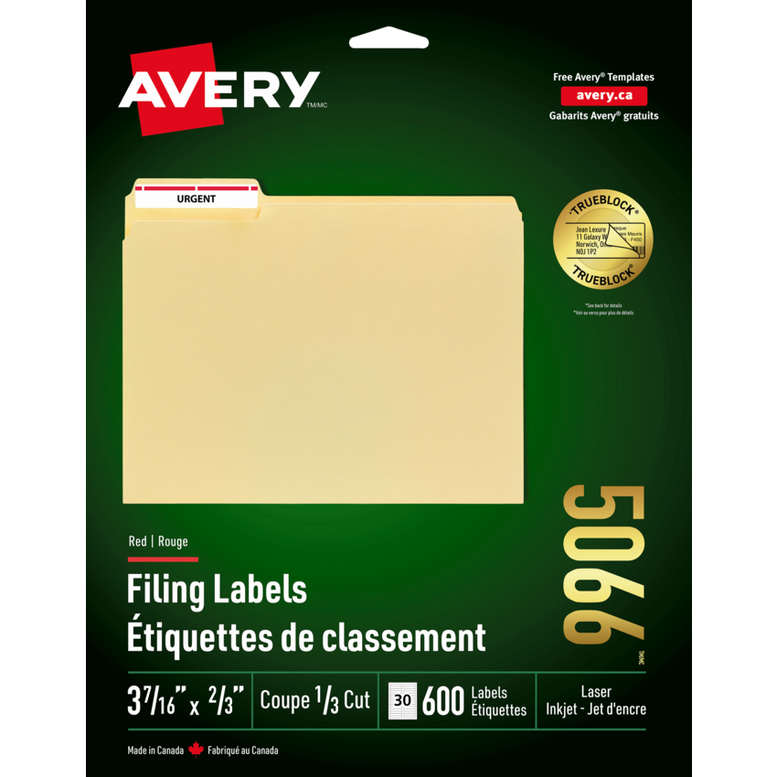 Avery® TrueBlock™ Filing Labels Laser and Inkjet Red (600 Labels) 20 sheets/pkg