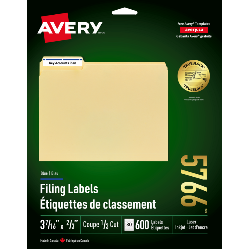Avery® TrueBlock™ Filing Labels Laser and Inkjet Blue (600 Labels) 20 sheets/pkg