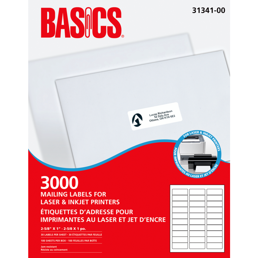 Basics® Mailing Labels for Laser Printers 2-5/8" x 1" White (3,000 Labels) 100 sheets/box