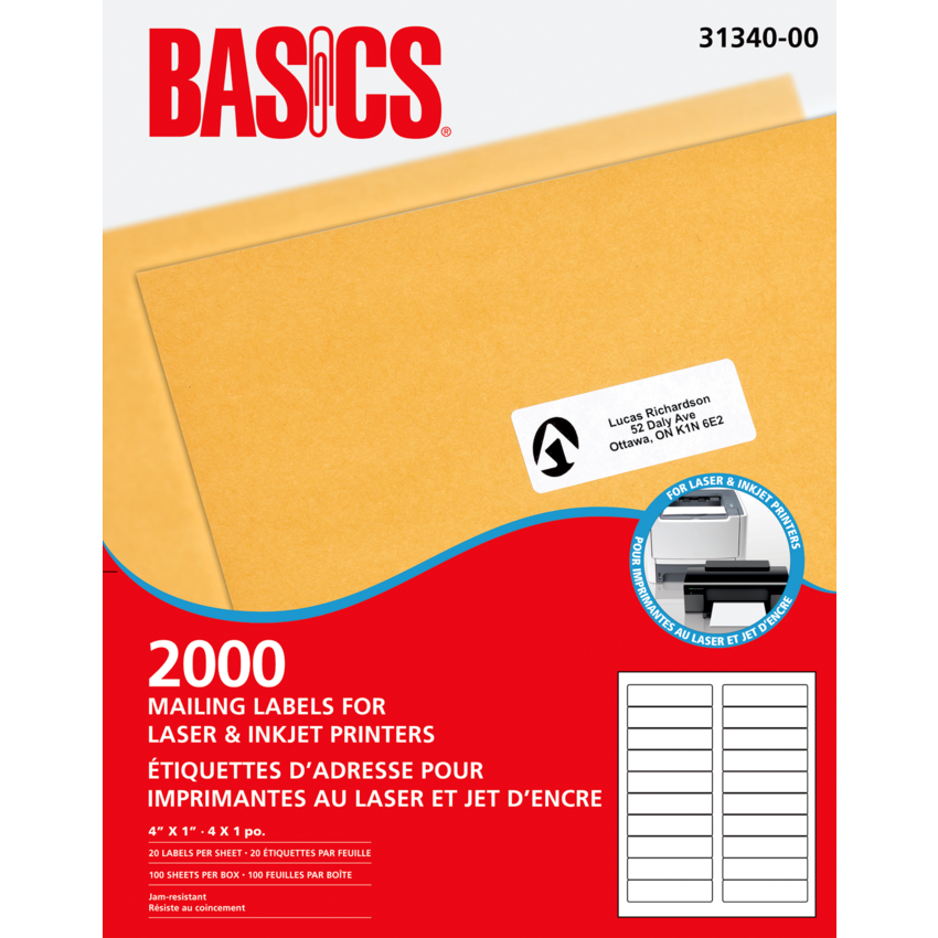 Basics® Mailing Labels for Laser Printers 4" x 1" White (2,000 Labels) 100 sheets/box