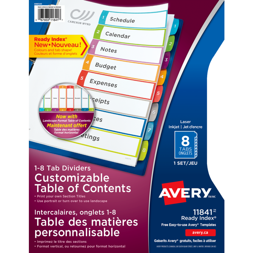 Avery® Ready Index® Customizable Table of Contents Dividers 1-8 Tabs