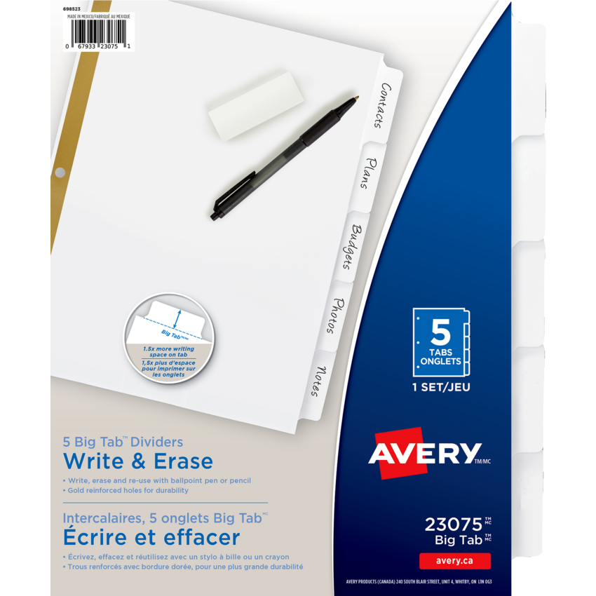 Avery® Big Tab™ Write & Erase Dividers 11" x 8-1/2" 5 tabs White