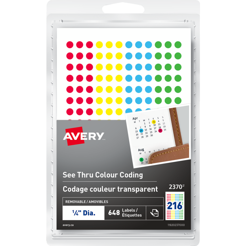 Avery® See Thru Colour Coding Labels 1/4" Diameter Assorted Colours 648 labels/pkg