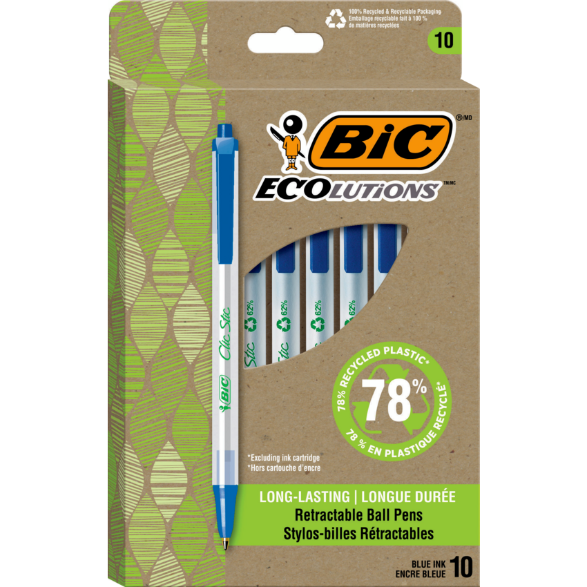 Bic® Ecolutions™ Clic Stic® Retractable Ball Point Pens Medium Point Blue 10/pkg