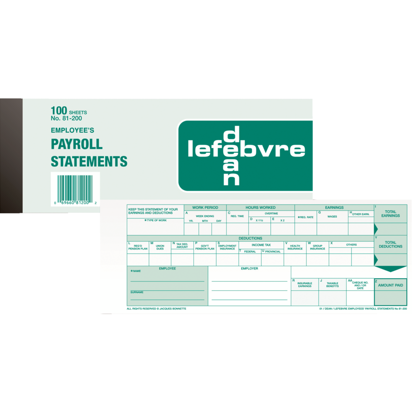 Dean Payroll Statement Pad 1 Statement/Sheet 100 Shts Bilingual