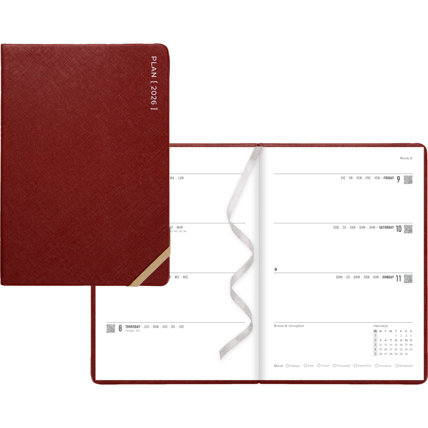 Letts® Serene Weekly Planner Sewn bound 8-1/4" x 5-7/8" Multilingual Burgundy
