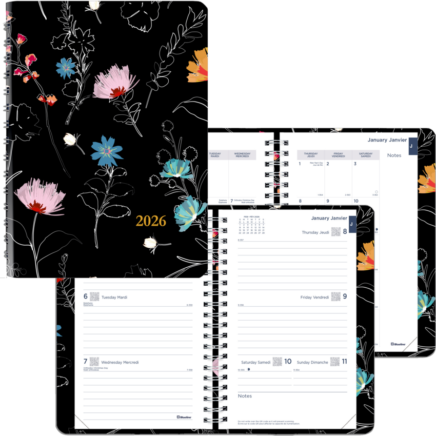 Blueline® Dramatic Floral Weekly/Monthly Planner 8" x 5" Bilingual Black