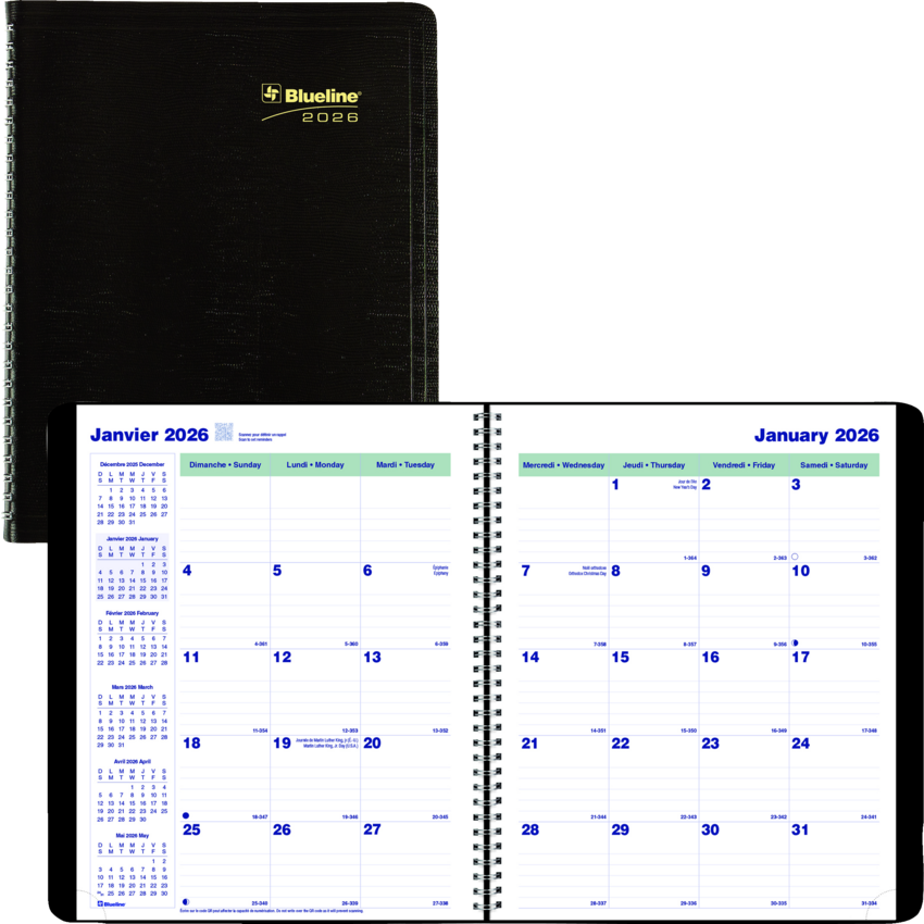 Blueline® Essential Monthly Diary 16 Month Twin Wire Soft Cover 9-1/4" x 7-1/4" Bilingual Black