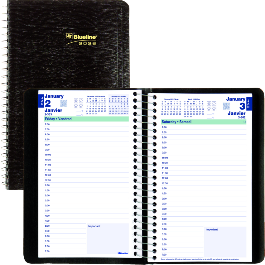 Blueline® Essential Daily Planner 8x5" English Black