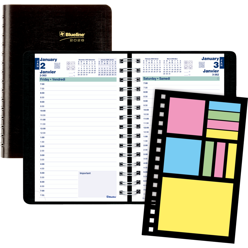 Blueline® Essential PlannerPlus™ Daily Diary w/Follow-up Notes 8x5" Black Bilingual
