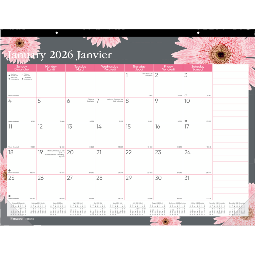 Blueline® Pink Ribbon Monthly Desk Pad 22" x 17" Bilingual Pink Daisy Desgin