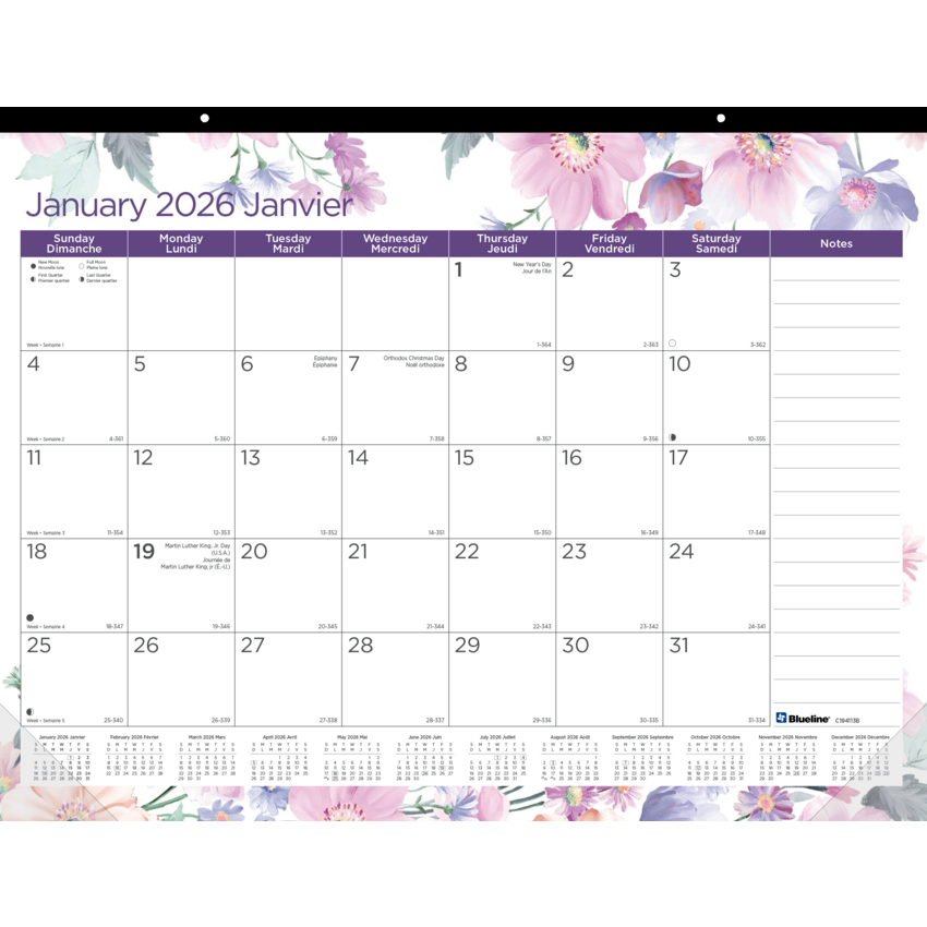 Blueline® Monthly Desk Pad 22" x 17" Bilingual Floral Design