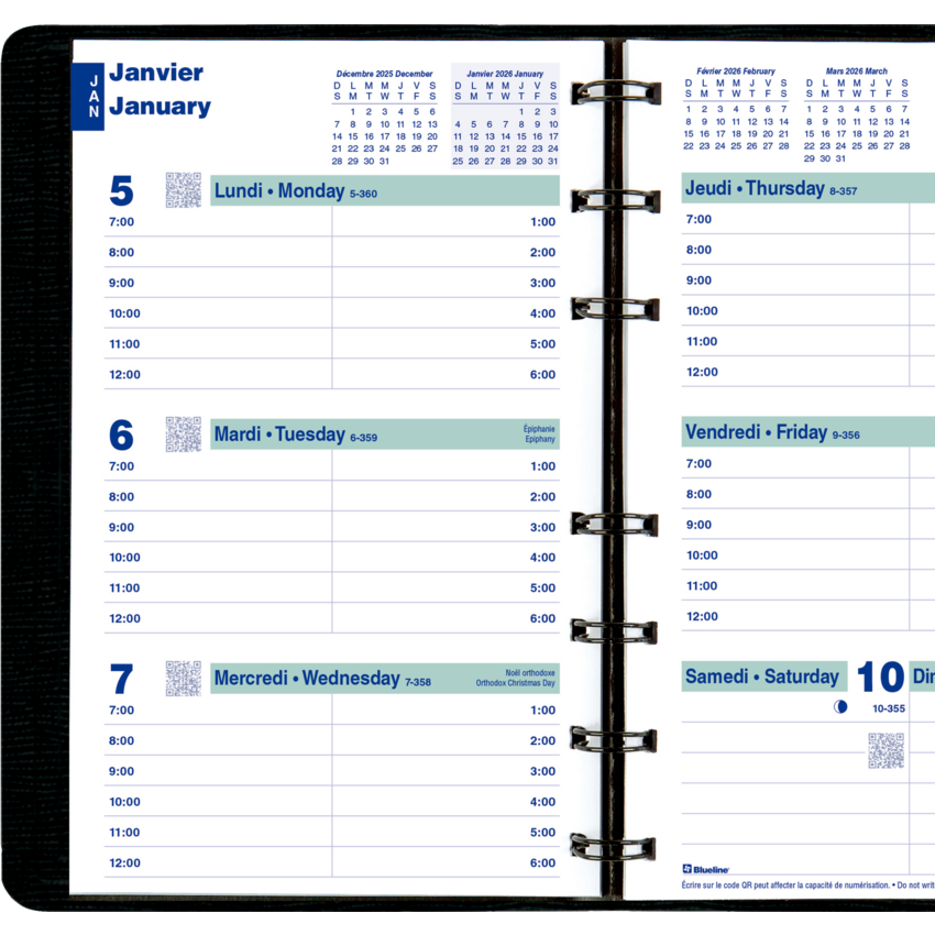 Blueline® Essential Weekly Diary Soft Cover Twin Wire 8x5" Bilingual Black