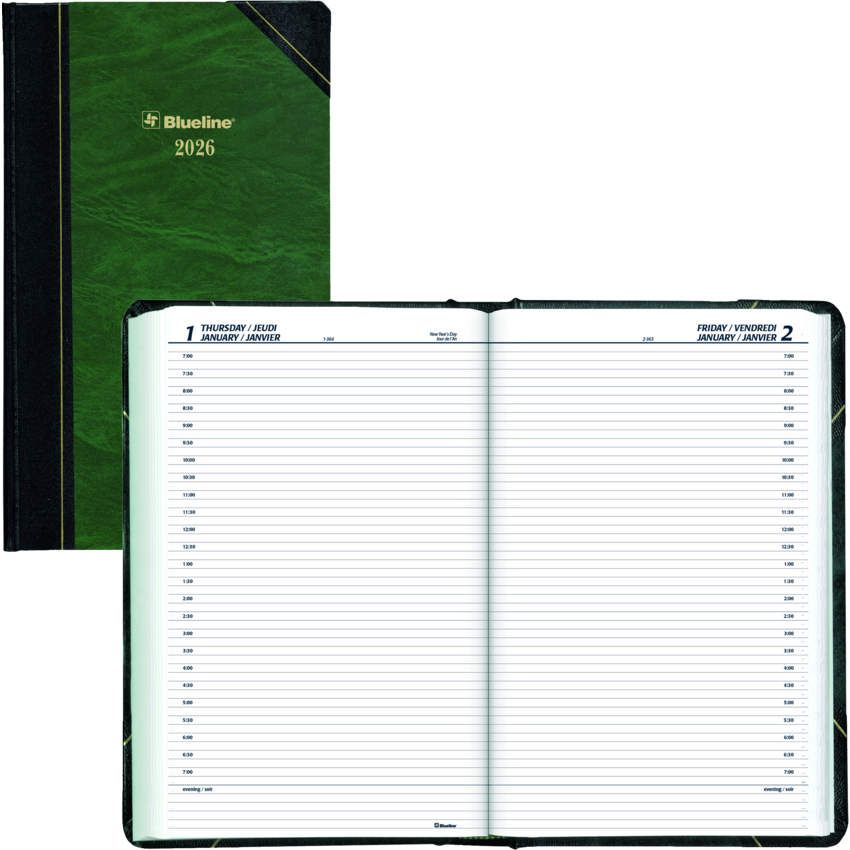Blueline® Traditional Daily Diary Hard Cover Bilingual 13-3/8" x 8" Green
