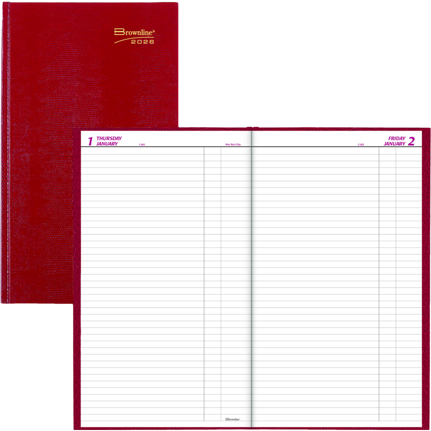 Brownline® Traditional Daily Hard Cover Bound Journal 13-3/8" x 7-7/8" Red English