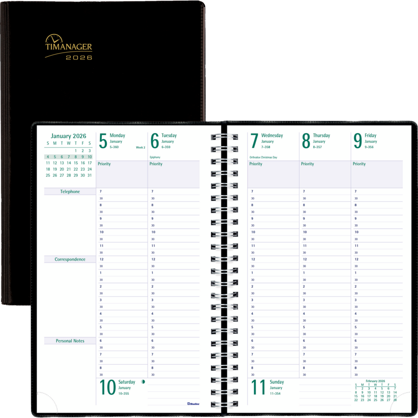 Blueline® Timanager® Weekly Planner English 9-1/6" x 5-7/8" Black