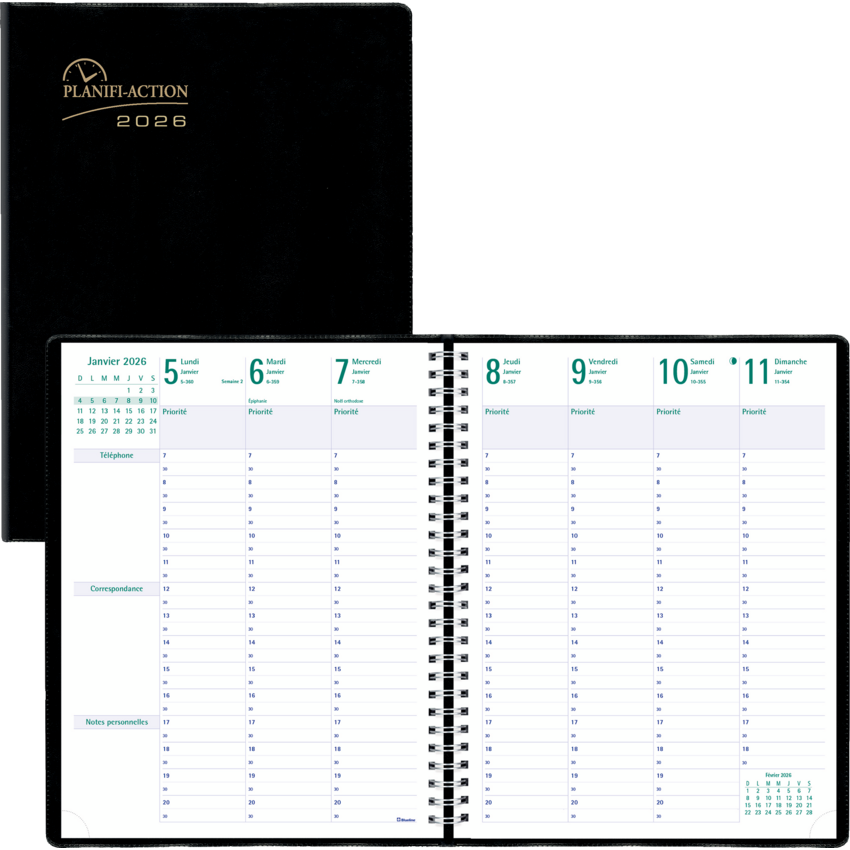 Blueline® Planifi-Action® Weekly/Monthly Business Diary Twin Wire 11x8-1/2" French Black