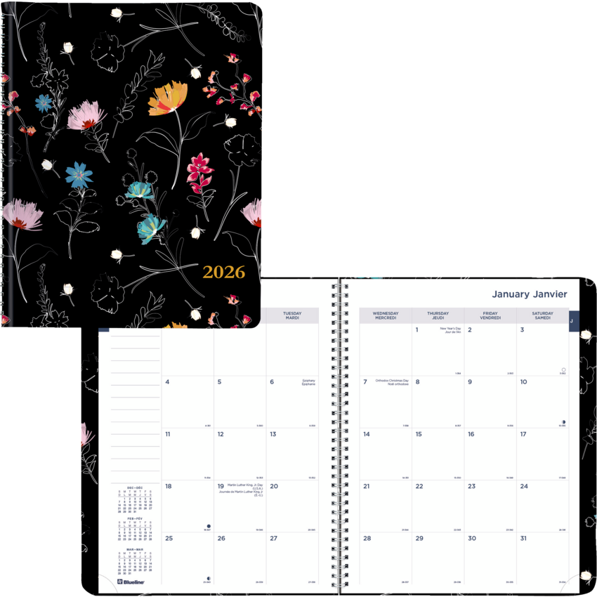 Blueline® Dramatic Floral Monthly Planner 11" x 8-1/2" Bilingual Black