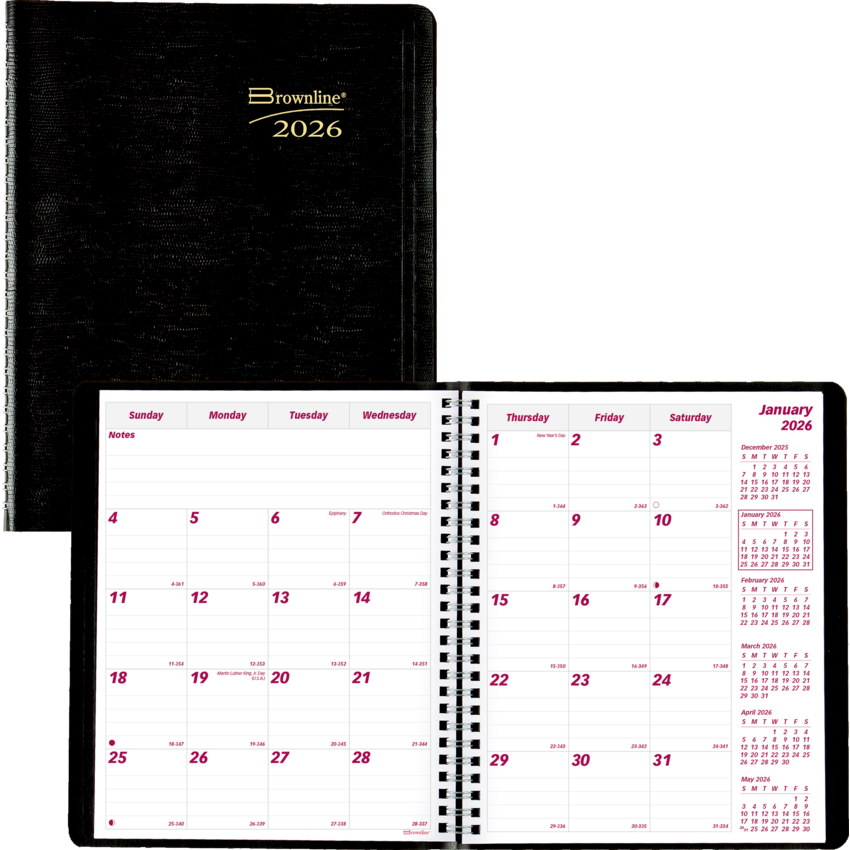 Brownline® Essential Monthly Diary 14 Month Twin Wire 8-7/8x7-1/8" English Black
