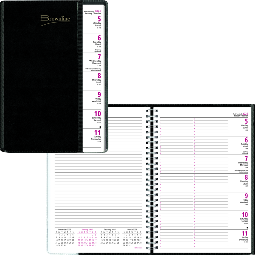 Brownline® Pre-Vu Weekly Planner 12 months 8-1/2" x 6-3/4" Bilingual Black