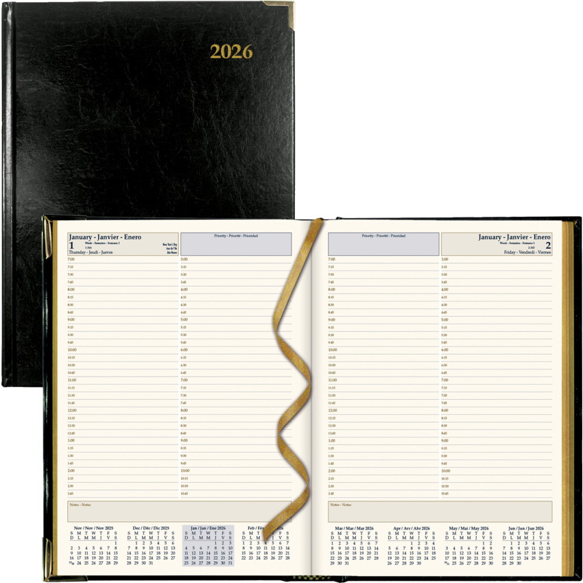 Brownline® Executive Daily Diary Hard Cover 10-3/4x7-3/4" Trilingual Black