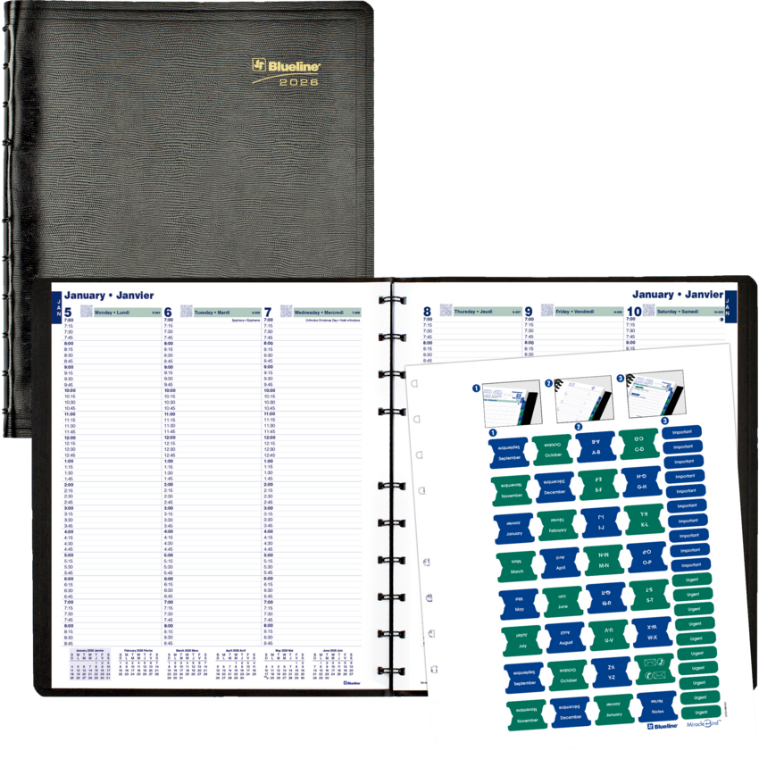 Blueline® MiracleBind™ Weekly Planner Soft Cover 11x9-1/16" Bilingual Black