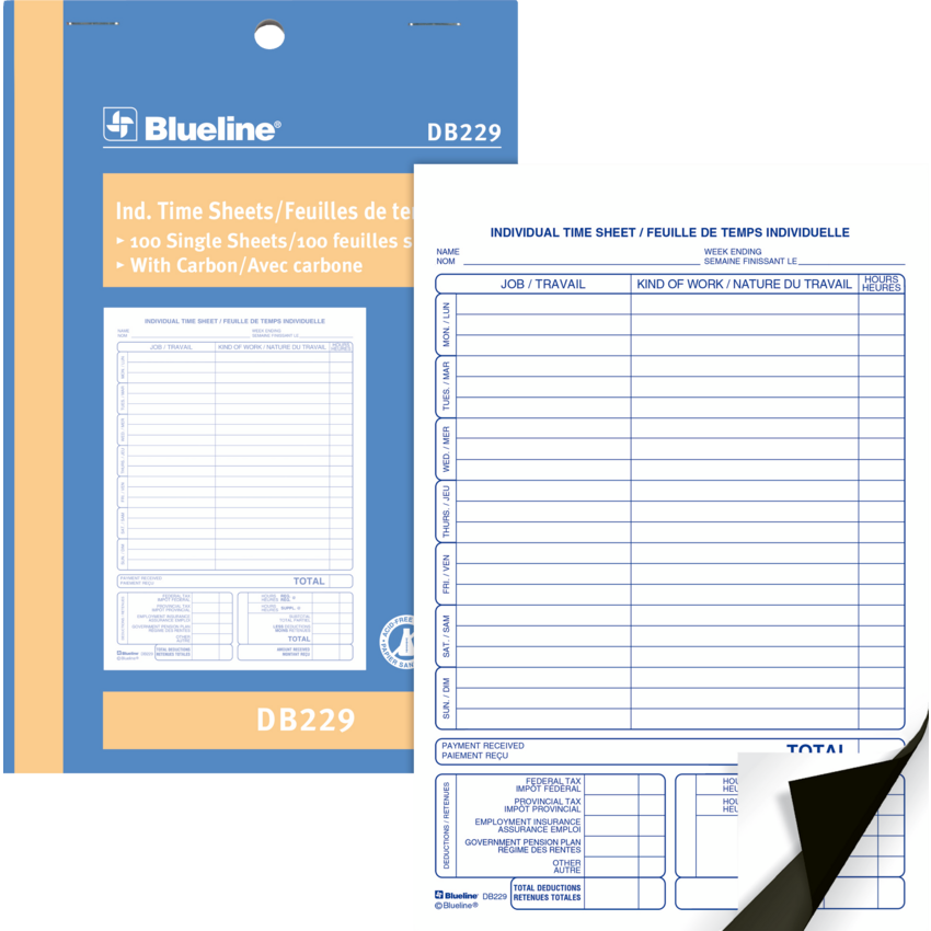 Blueline® Carbon Time Sheet 100 sheets 5-3/8x8" Bilingual
