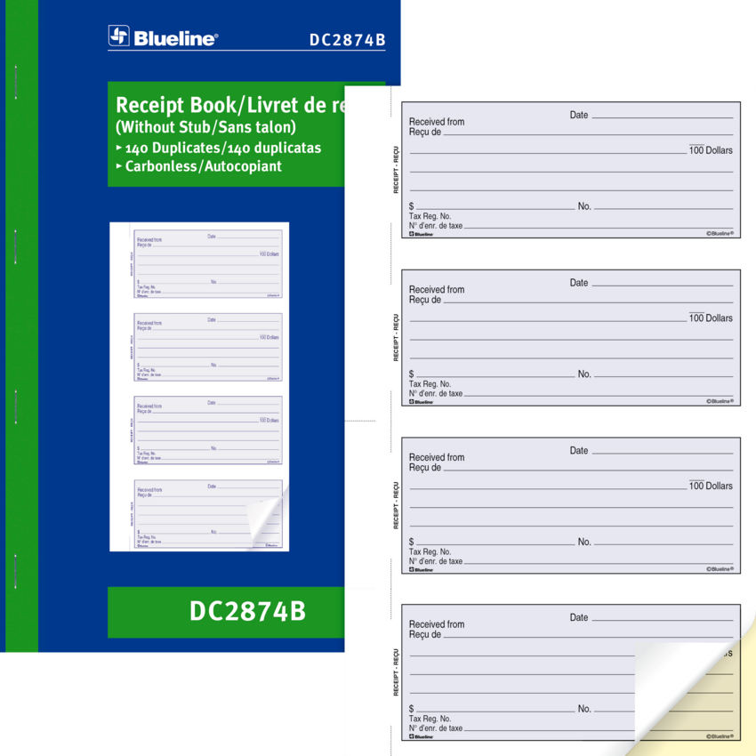 Blueline® Receipt Book Carbonless 2-Part 140 sets Bilingual