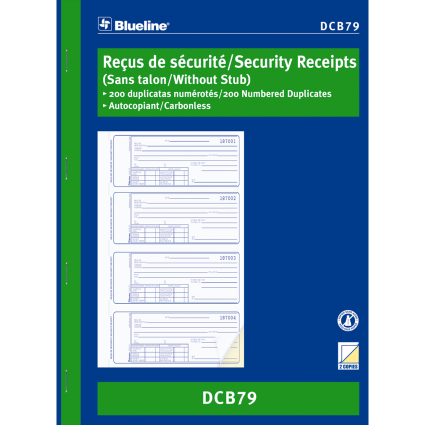 Blueline® Carbonless Security Receipts 4/Page 2-part 10-7/8" x 8" Bilingual