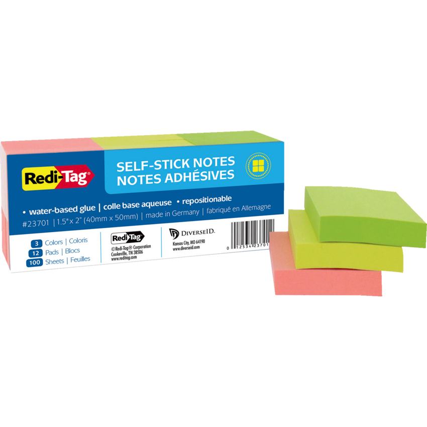 Redi-Tag® Self-Stick Notes 1-1/2" x 2" 100 sheets per pad Assorted Colours 12 pads/pkg