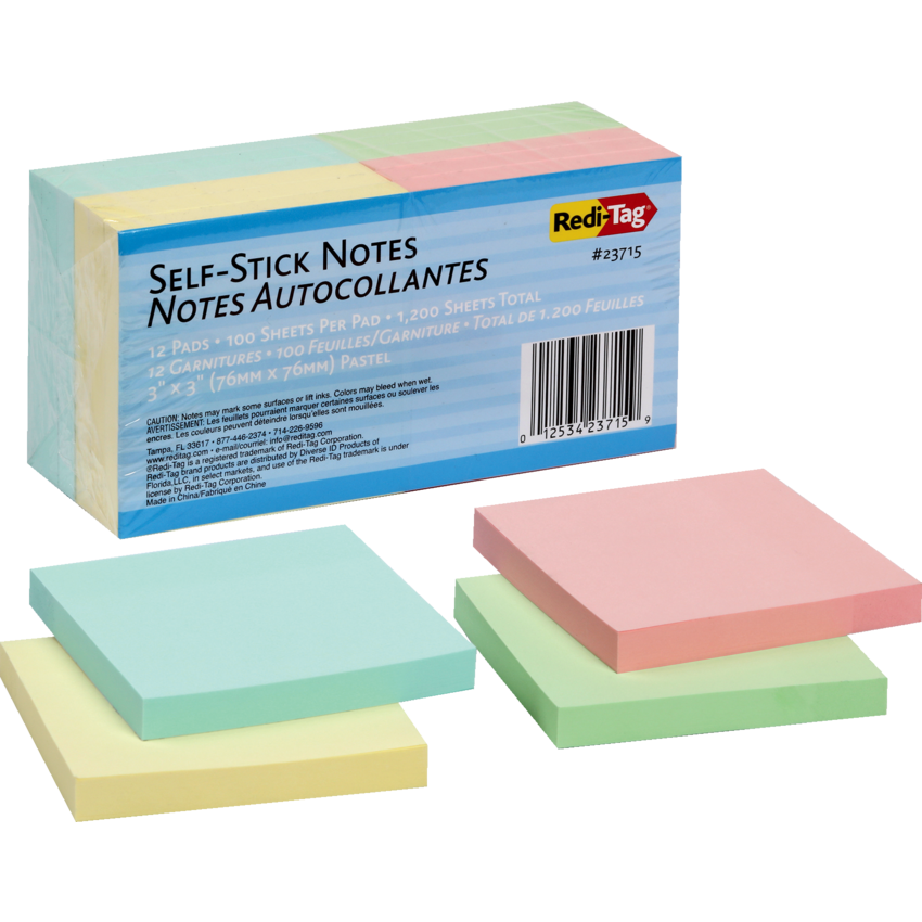Redi-Tag® Self-Stick Notes 3" x 3" 100 sheets per pad Assorted Pastel Colours 12 pads/pkg