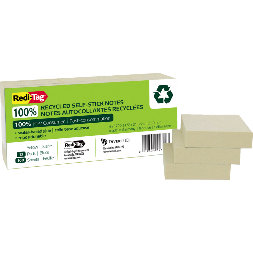 Redi-Tag® Recycled Self-Stick Notes 1-1/2" x 2" 100 sheets per pad Pale Yellow 12 pads/pkg