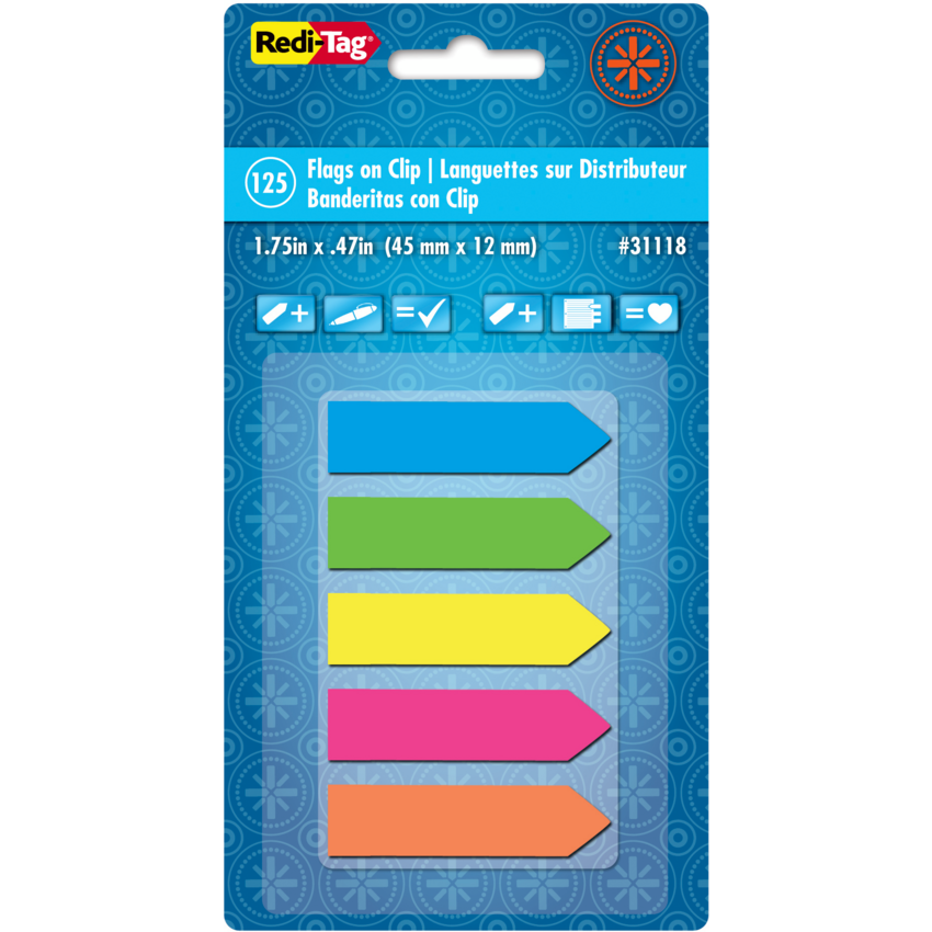 Redi-Tag® SeeNotes® Arrow Page Flags with Clip 1-3/4" x 15/32" Assorted Neon Colours 125/pkg