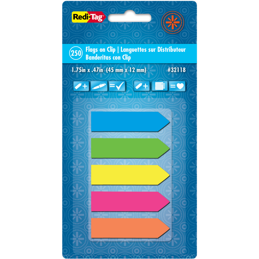 Redi-Tag® SeeNotes® Arrow Page Flags with Clip 1-3/4" x 15/32" Assorted Neon Colours 250/pkg