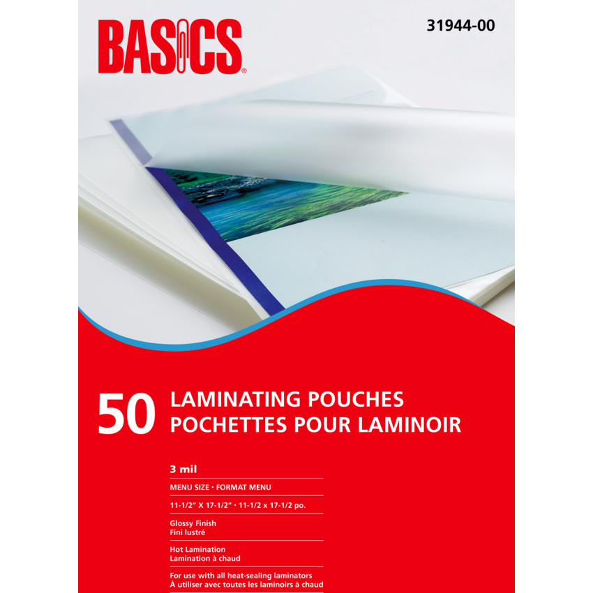 Basics® Laminating Pouches Menu Size 3 mil 11-1/2" x 17-1/2" 50/pkg