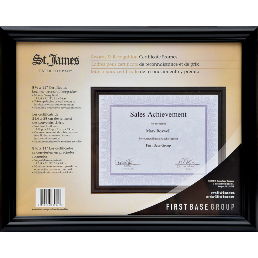St. James® Certificate Frame 11" x 8-1/2" Milano Glossy Black