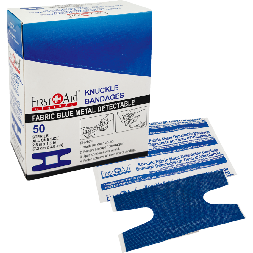 First Aid Central® Blue Metal Detectable Adhesive Bandages Knuckle 50/box