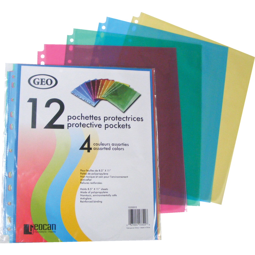 Geo Sheet Protectors 11x8-1/2" Transparent Assorted Colours 12/pkg